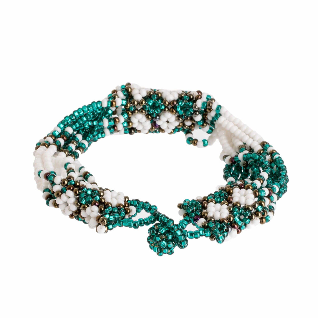 Green and Bronze Beaded Bracelet - Flower Harmony in Emerald