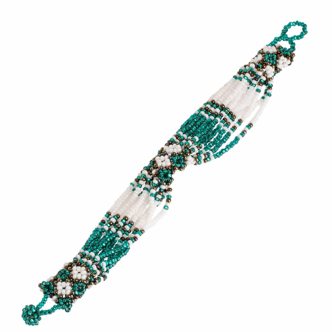 Green and Bronze Beaded Bracelet - Flower Harmony in Emerald