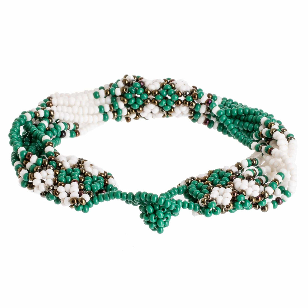Green and White Beaded Bracelet - Flower Harmony in Green