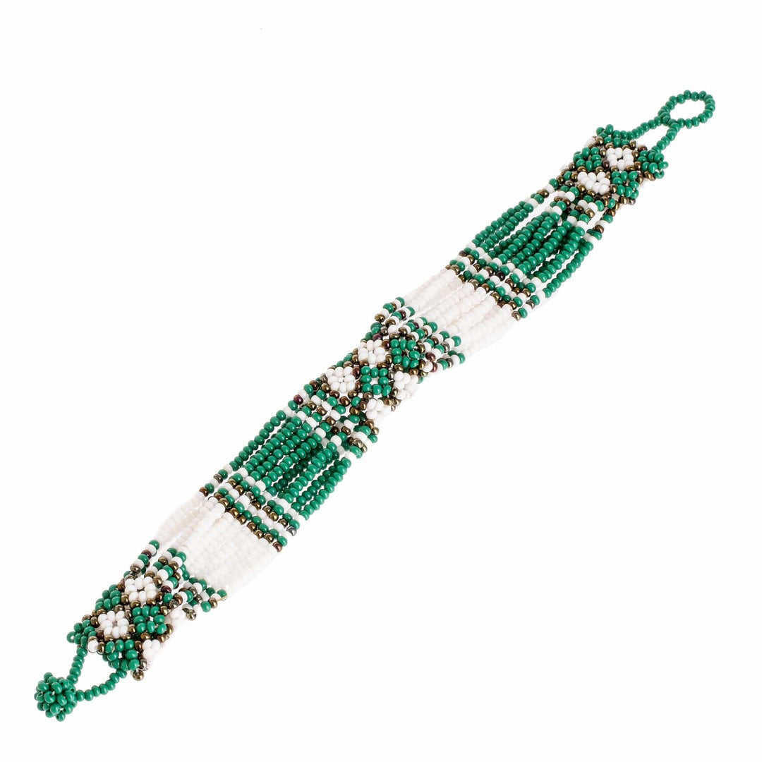 Green and White Beaded Bracelet - Flower Harmony in Green