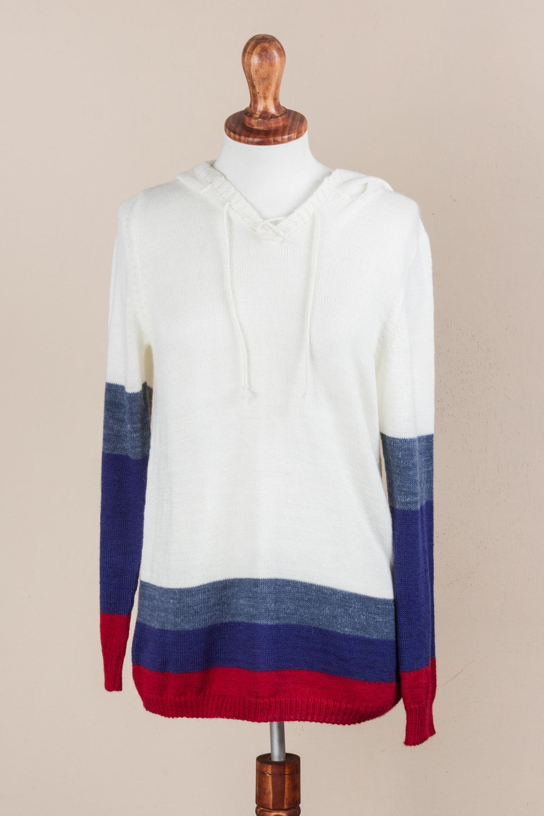 Ivory Hoodie Sweater with Blue and Red Stripes - Ivory Imagination