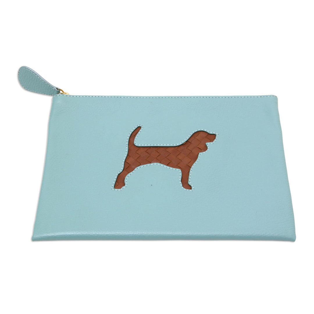 Handmade Dog-Themed Leather Clutch - Dog's Life in Blue