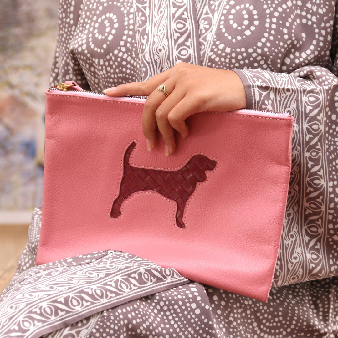 Hand Crafted Dog-Themed Leather Clutch - Dog's Life in Pink