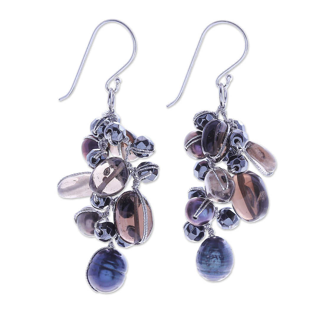 Cultured Pearl and Smoky Quartz Dangle Earrings - Wishing Pool