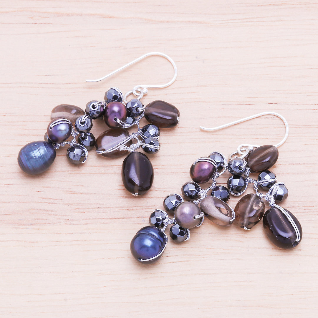 Cultured Pearl and Smoky Quartz Dangle Earrings - Wishing Pool