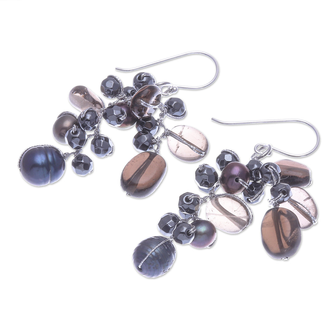 Cultured Pearl and Smoky Quartz Dangle Earrings - Wishing Pool