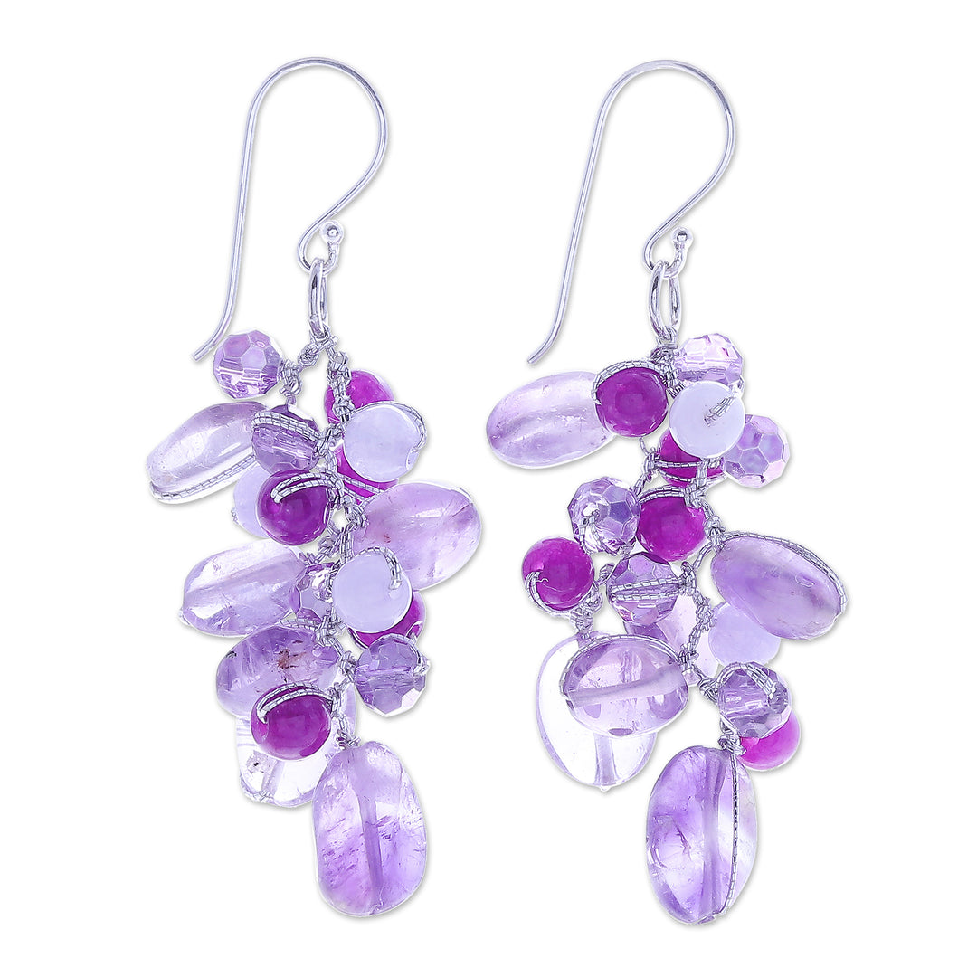 Amethyst and Quartz Beaded Dangle Earrings - Grape Picking
