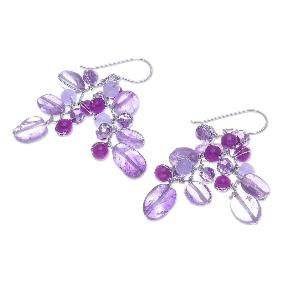 Amethyst and Quartz Beaded Dangle Earrings - Grape Picking