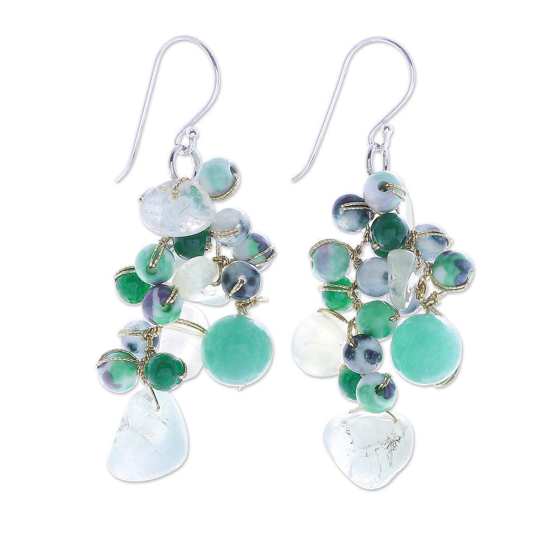 Hand Crafted Prehnite and Quartz Dangle Earrings - Green Countryside