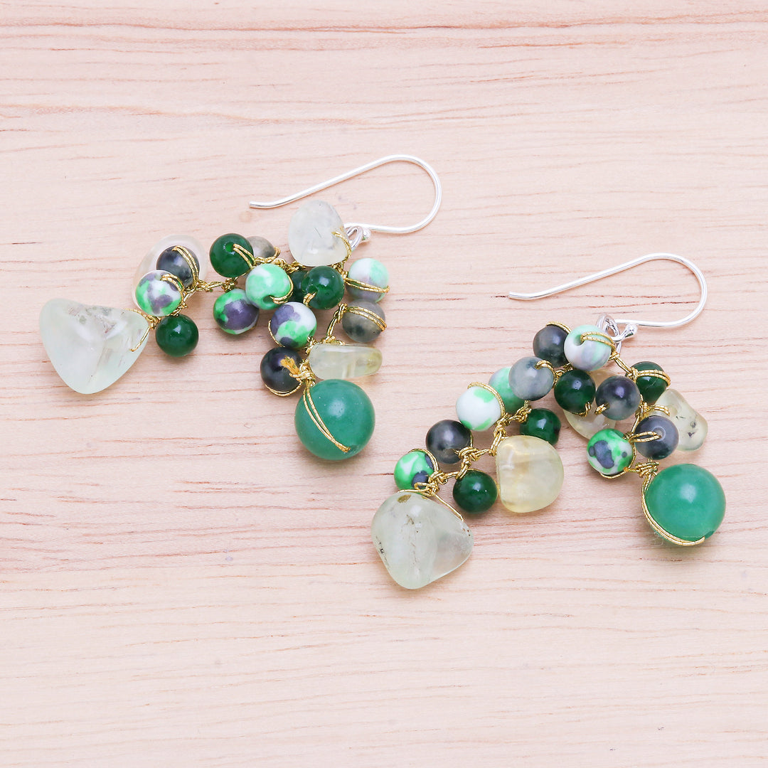 Hand Crafted Prehnite and Quartz Dangle Earrings - Green Countryside