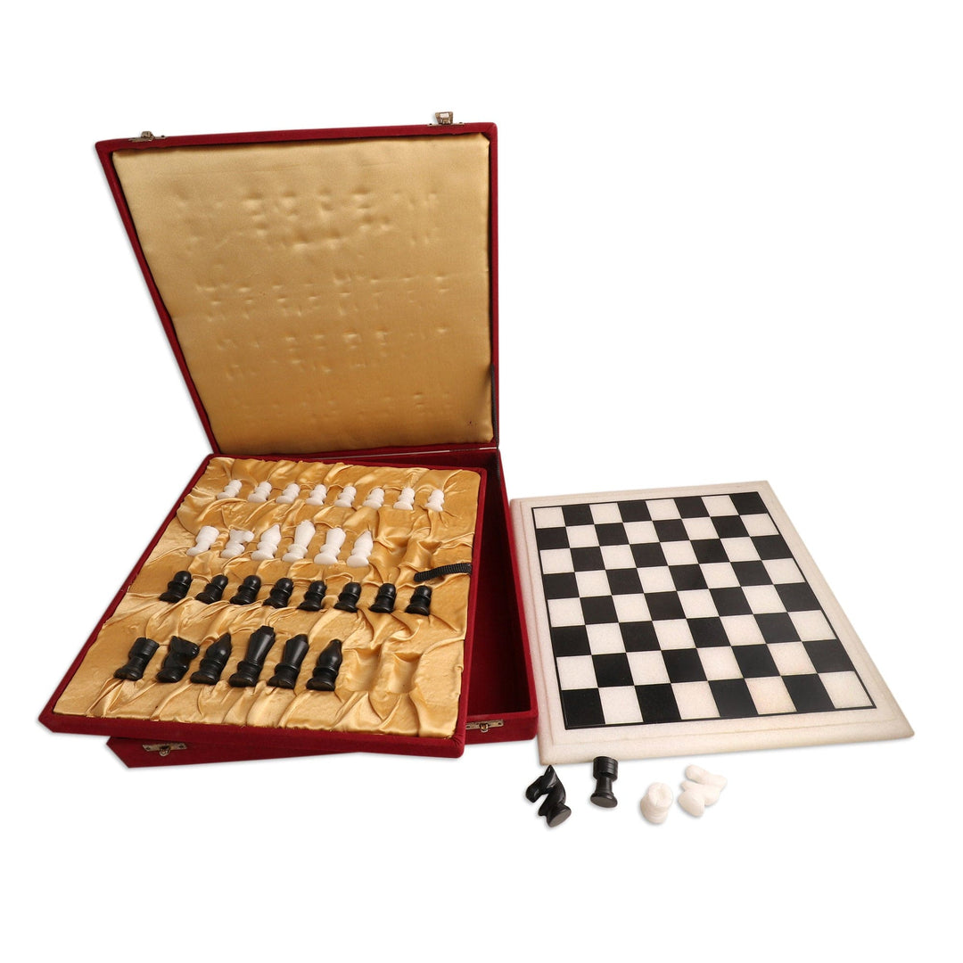 Black and White Marble Chess Set from India - Royal Grandeur