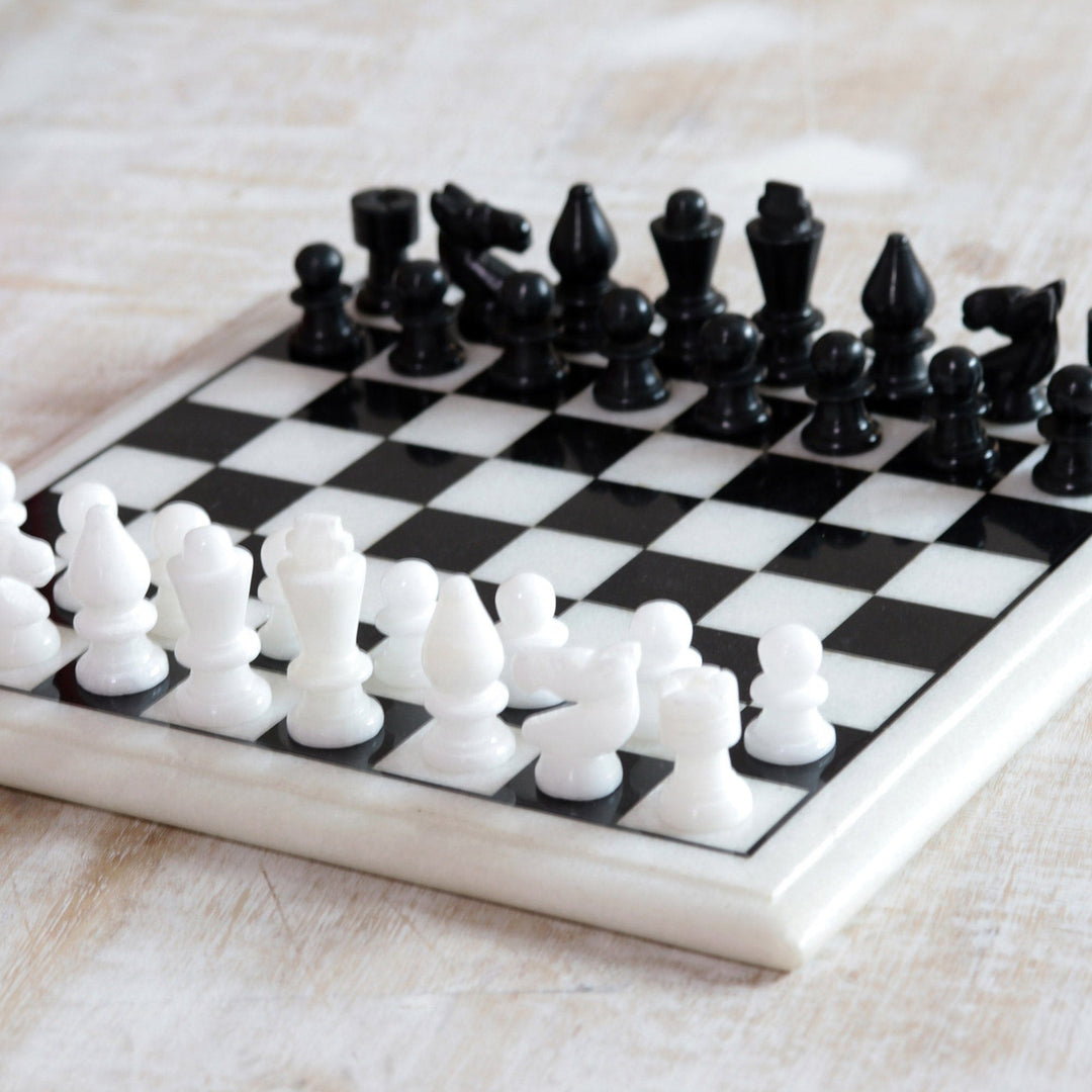 Black and White Marble Chess Set from India - Royal Grandeur