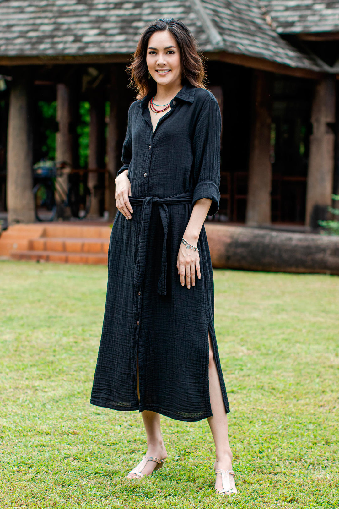 Black Belted Cotton Shirtwaist Dress from Thailand - Street Smarts in Black