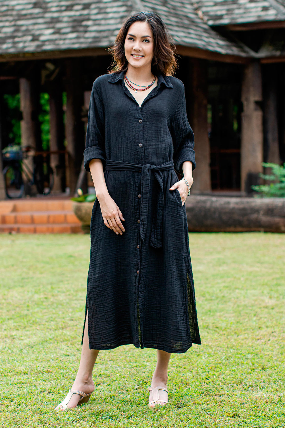 Black Belted Cotton Shirtwaist Dress from Thailand - Street Smarts in Black