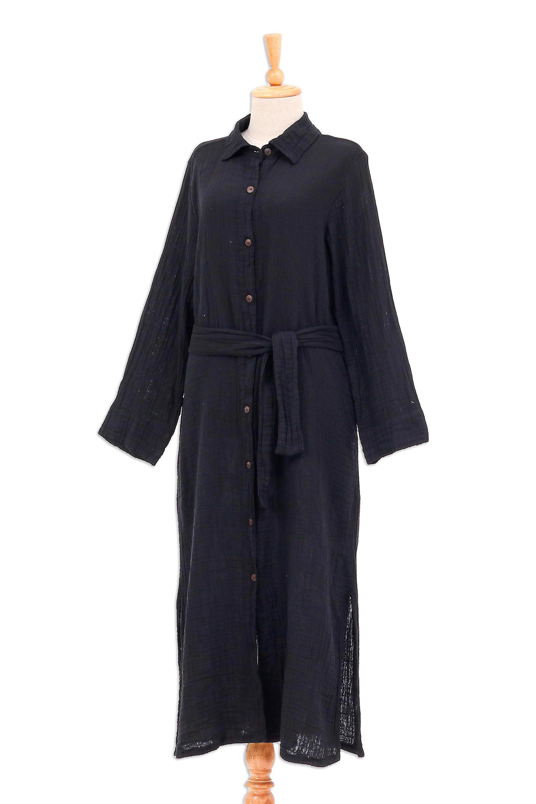 Black Belted Cotton Shirtwaist Dress from Thailand - Street Smarts in Black