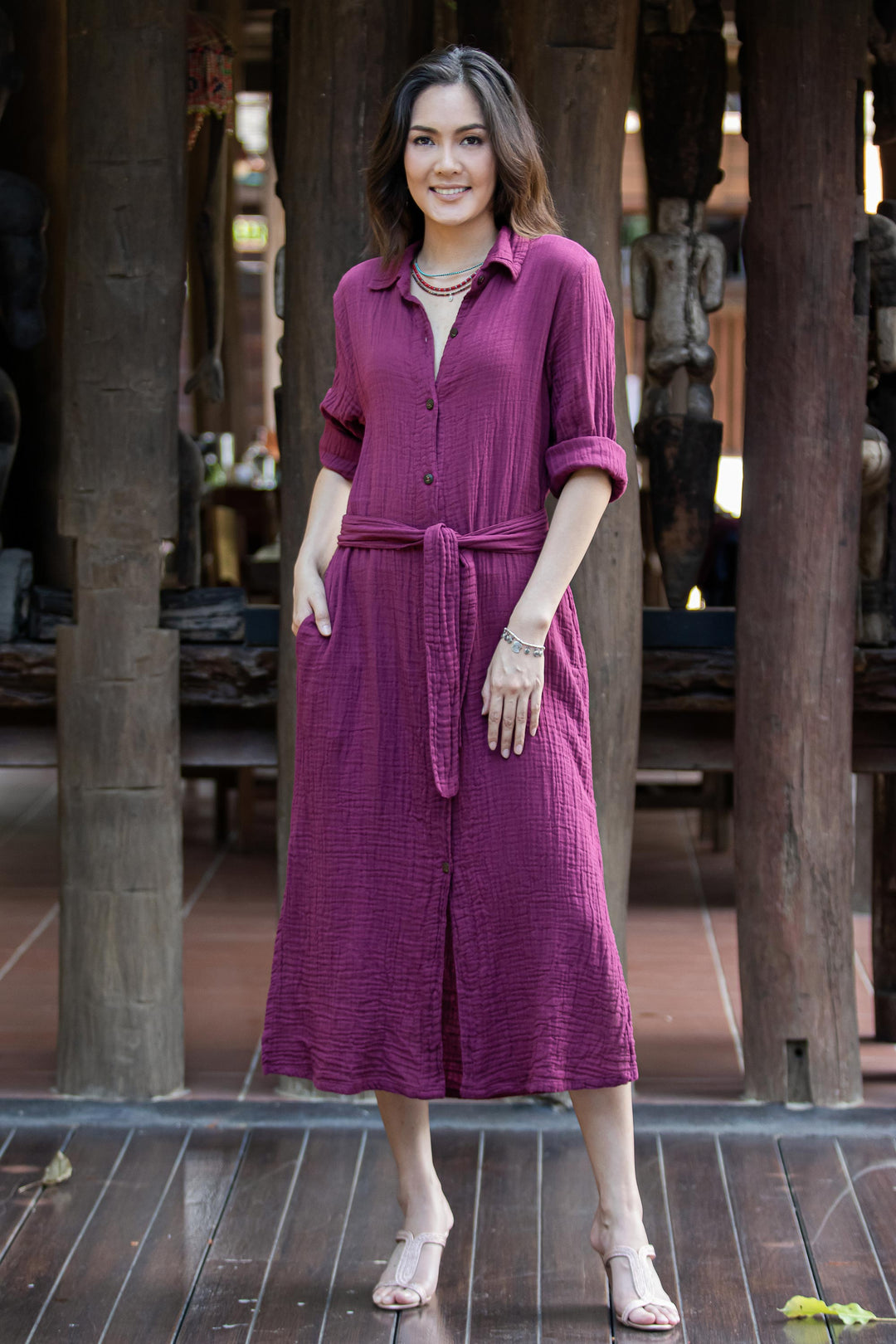 Handmade Belted Cotton Shirtwaist Dress from Thailand - Street Smarts in Mulberry