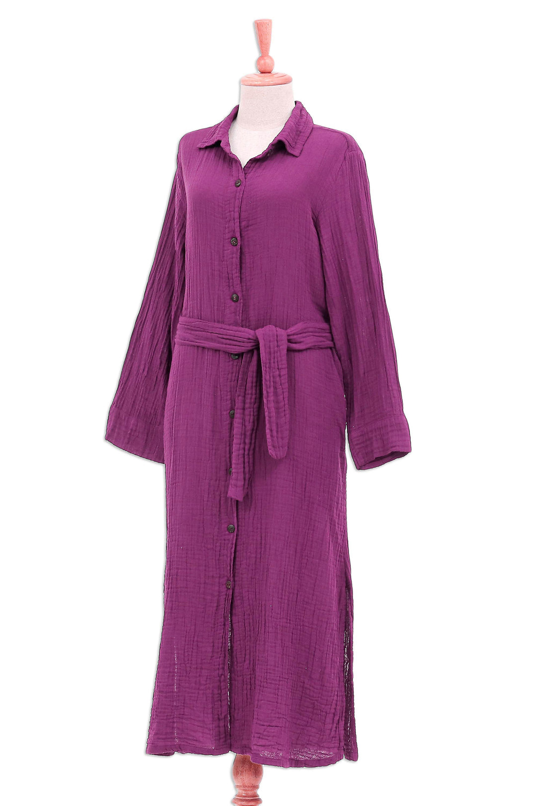 Handmade Belted Cotton Shirtwaist Dress from Thailand - Street Smarts in Mulberry