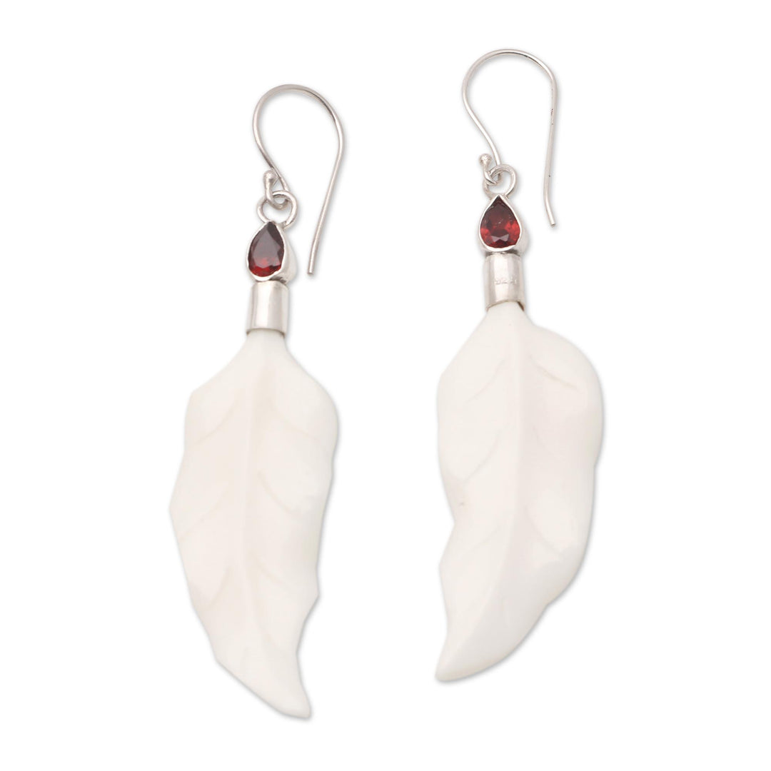 Sterling Silver and Garnet Leaf-Motif Earrings - Pale Leaves