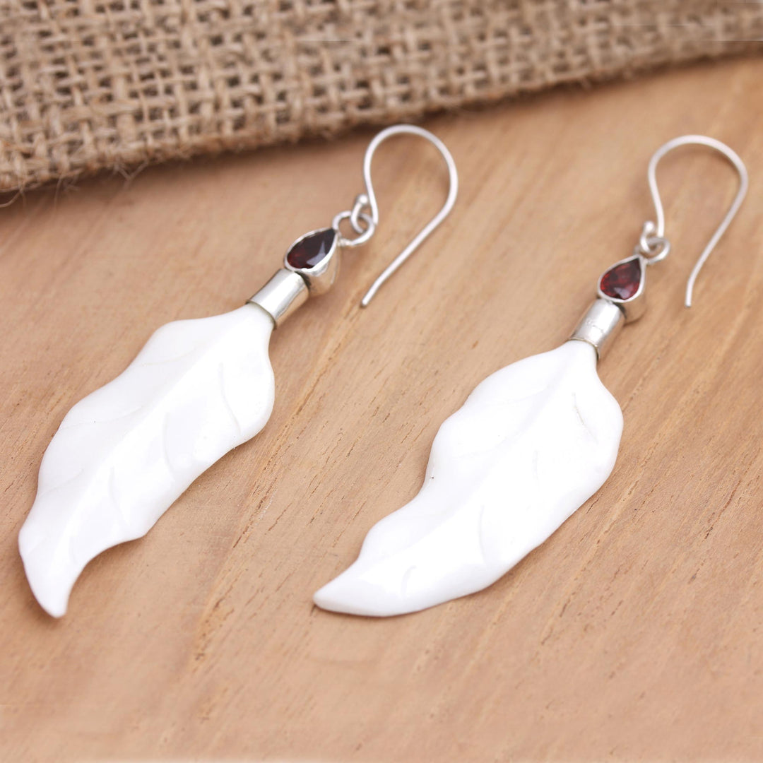 Sterling Silver and Garnet Leaf-Motif Earrings - Pale Leaves