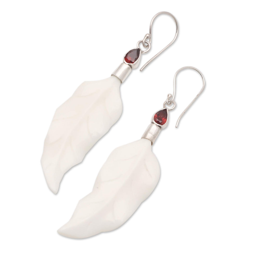 Sterling Silver and Garnet Leaf-Motif Earrings - Pale Leaves