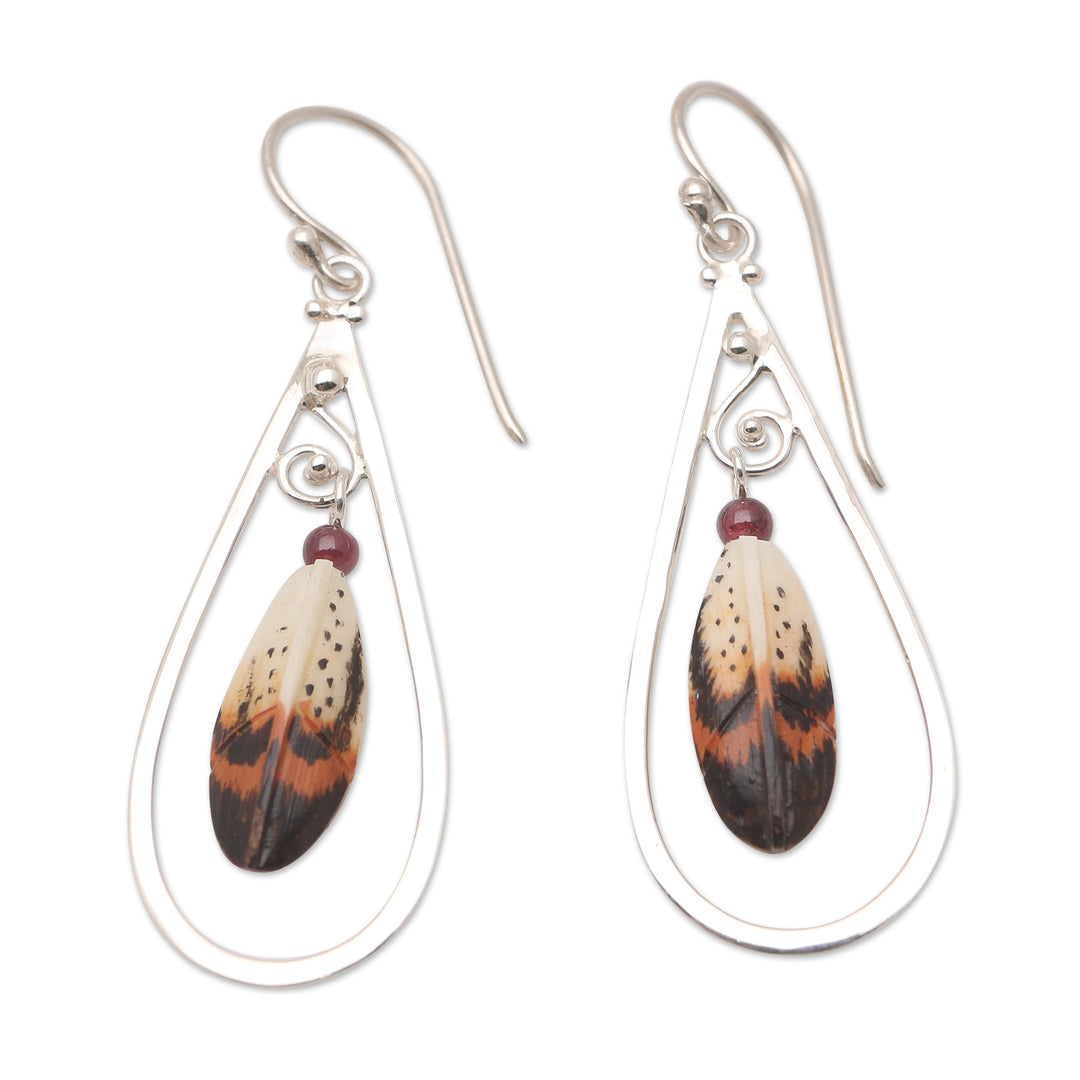 Sterling Silver and Garnet Dangle Earrings - Feather in Your Cap
