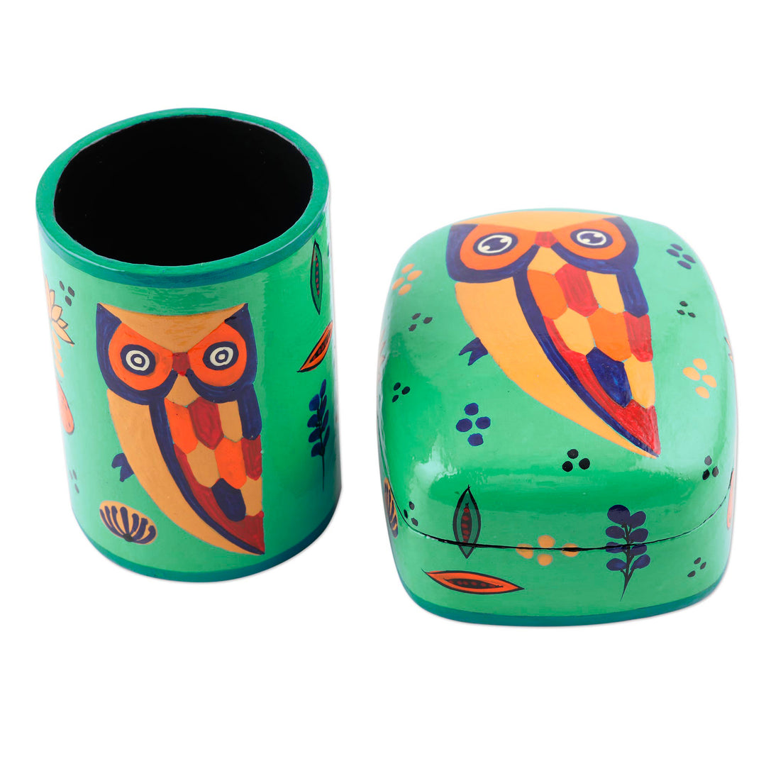 Papier Mache Owl-Motif Pen Holder - Owl Story in Teal