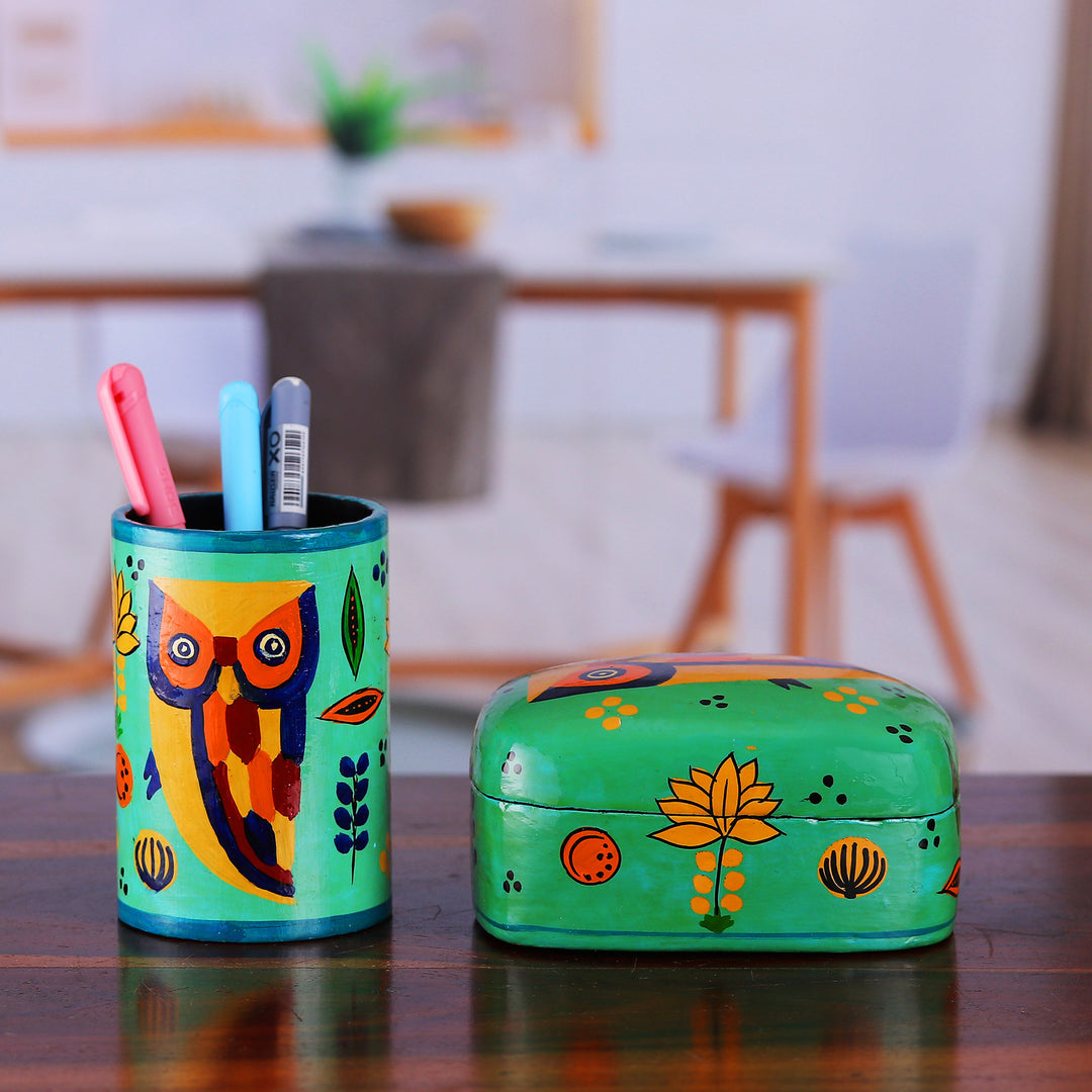 Papier Mache Owl-Motif Pen Holder - Owl Story in Teal