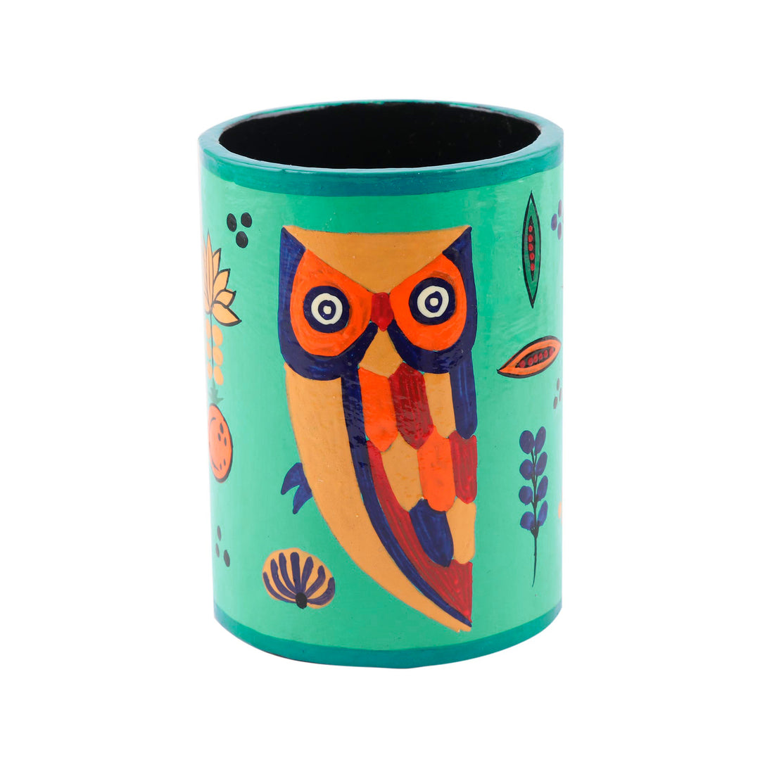 Papier Mache Owl-Motif Pen Holder - Owl Story in Teal