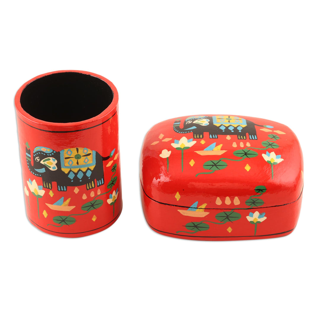 Papier Mache Elephant-Motif Pen Holder - Tale of the River