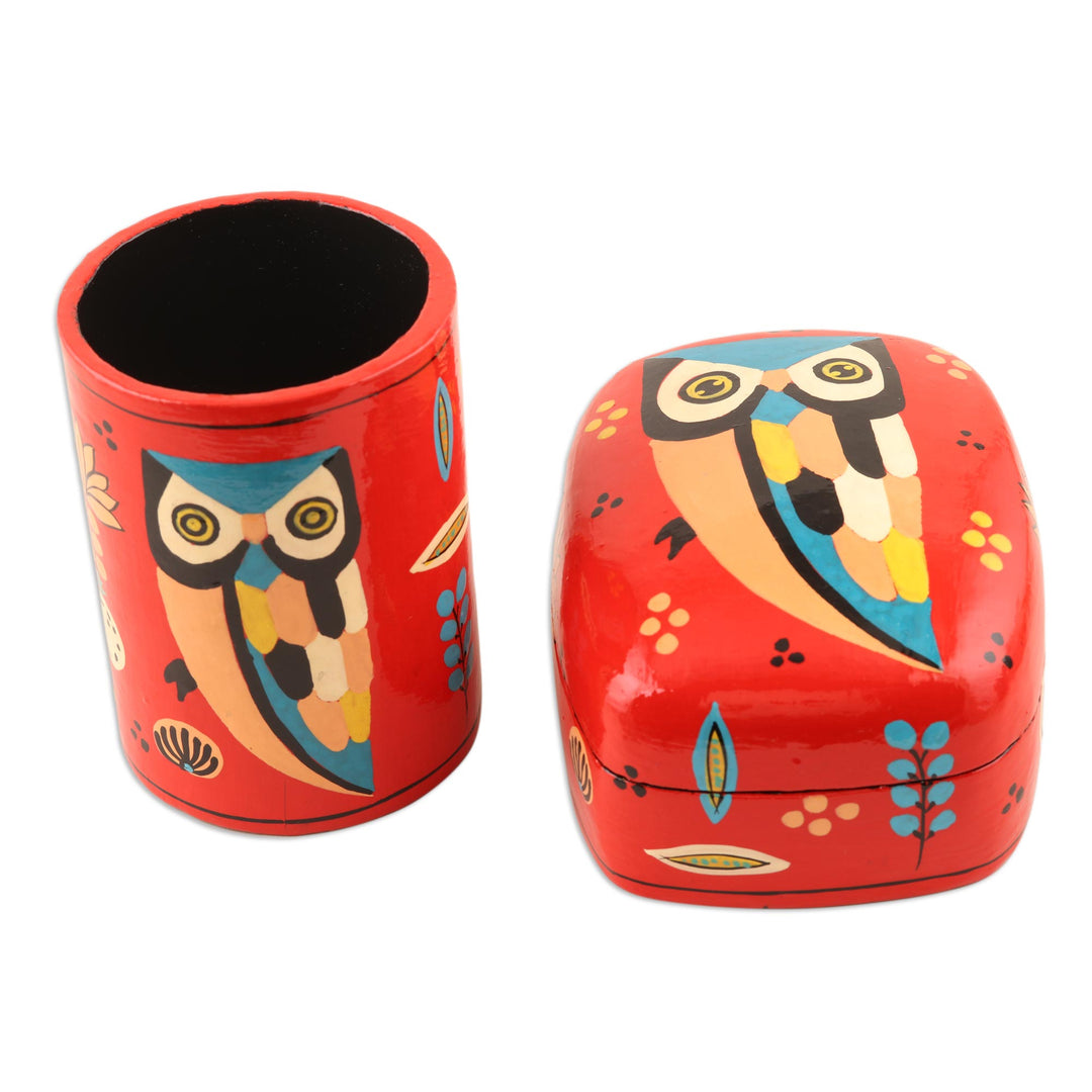 Hand Crafted Owl-Themed Decorative Box - Owl Story in Red
