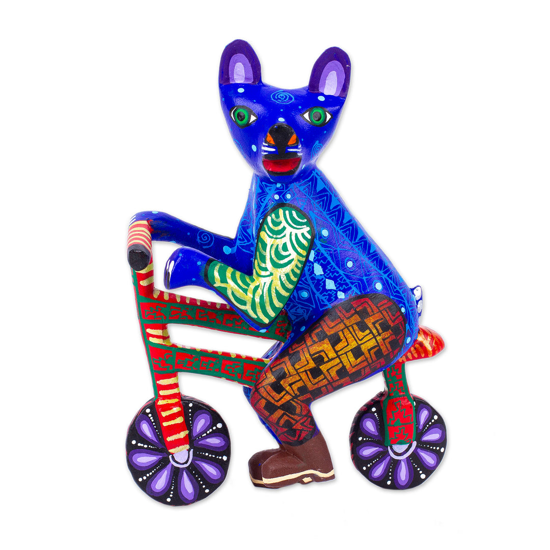 Hand Painted Alebrije Cat Figurine - Bicycle Cat