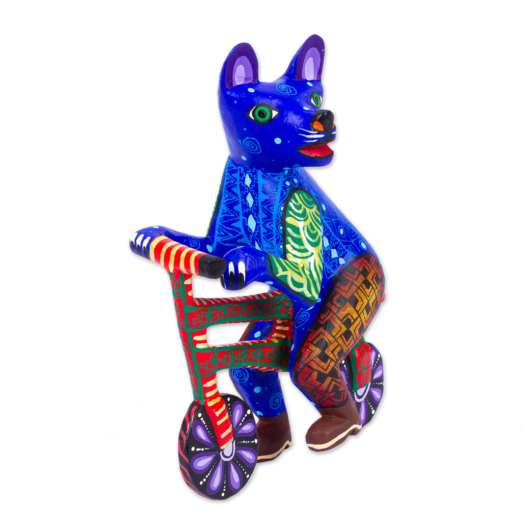 Hand Painted Alebrije Cat Figurine - Bicycle Cat