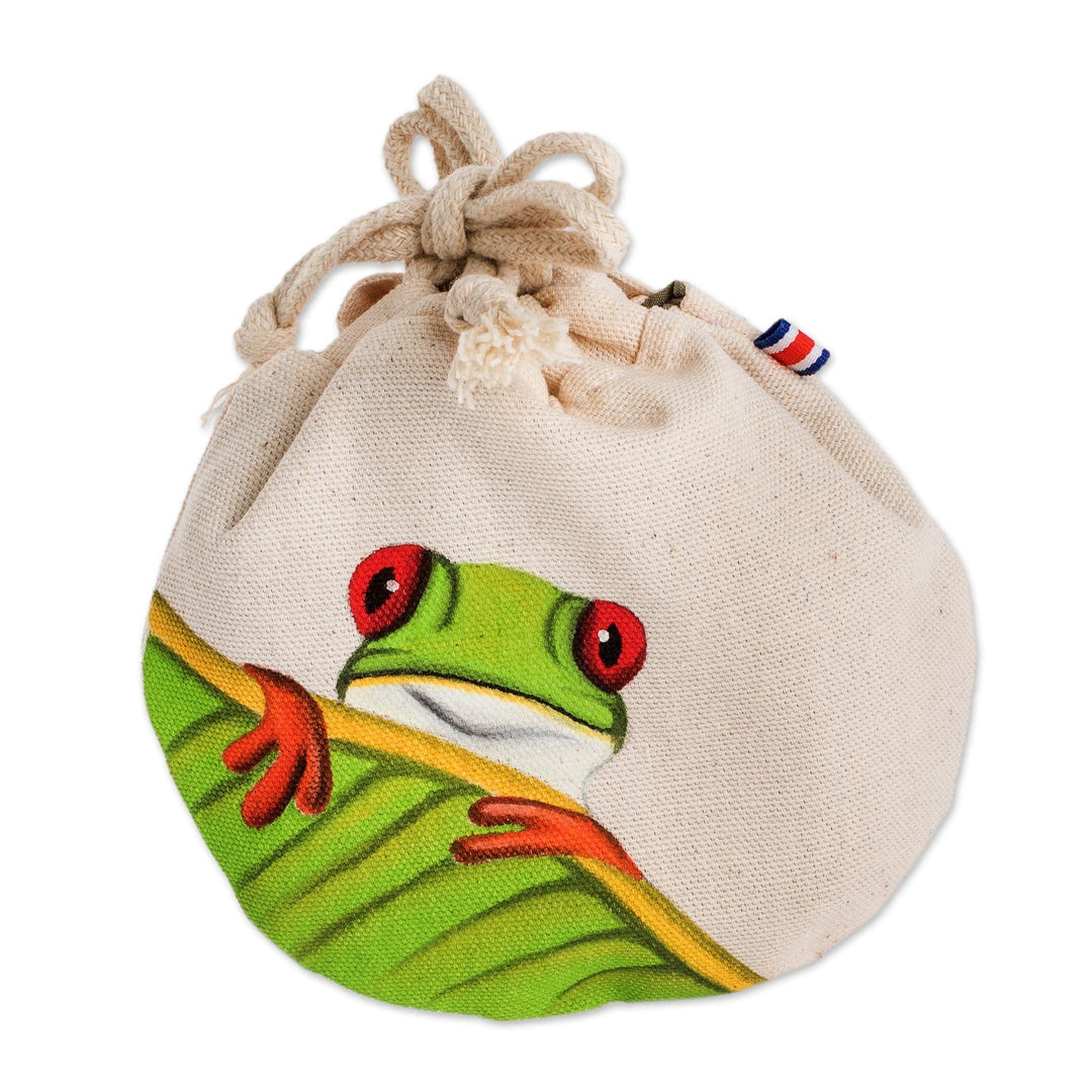 Costa Rican Hand Painted Frog Theme Cotton Drawstring Pouch - Red-Eyed Tree Frog