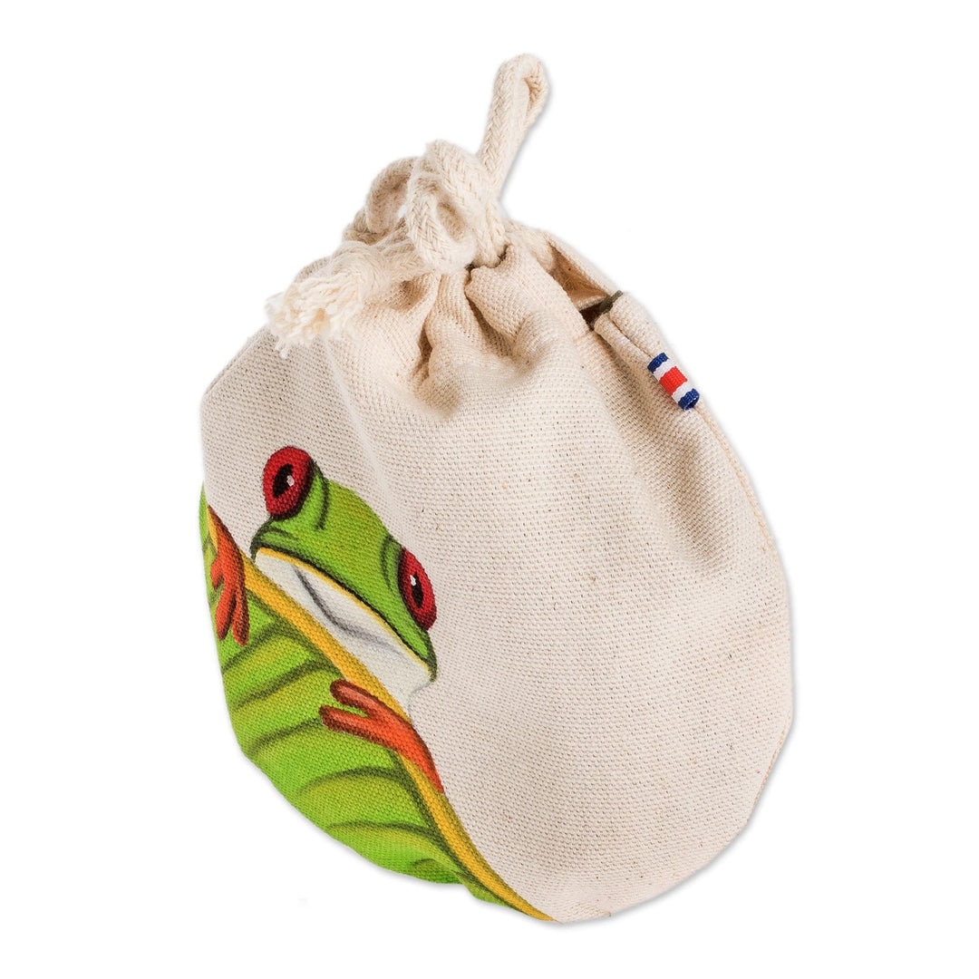 Costa Rican Hand Painted Frog Theme Cotton Drawstring Pouch - Red-Eyed Tree Frog
