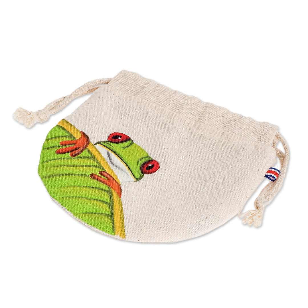 Costa Rican Hand Painted Frog Theme Cotton Drawstring Pouch - Red-Eyed Tree Frog