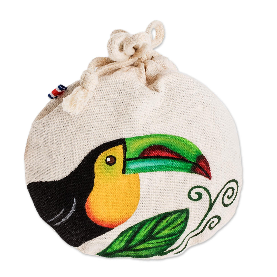Costa Rican Hand Painted Toucan Cotton Drawstring Pouch - Keel-Billed Toucan