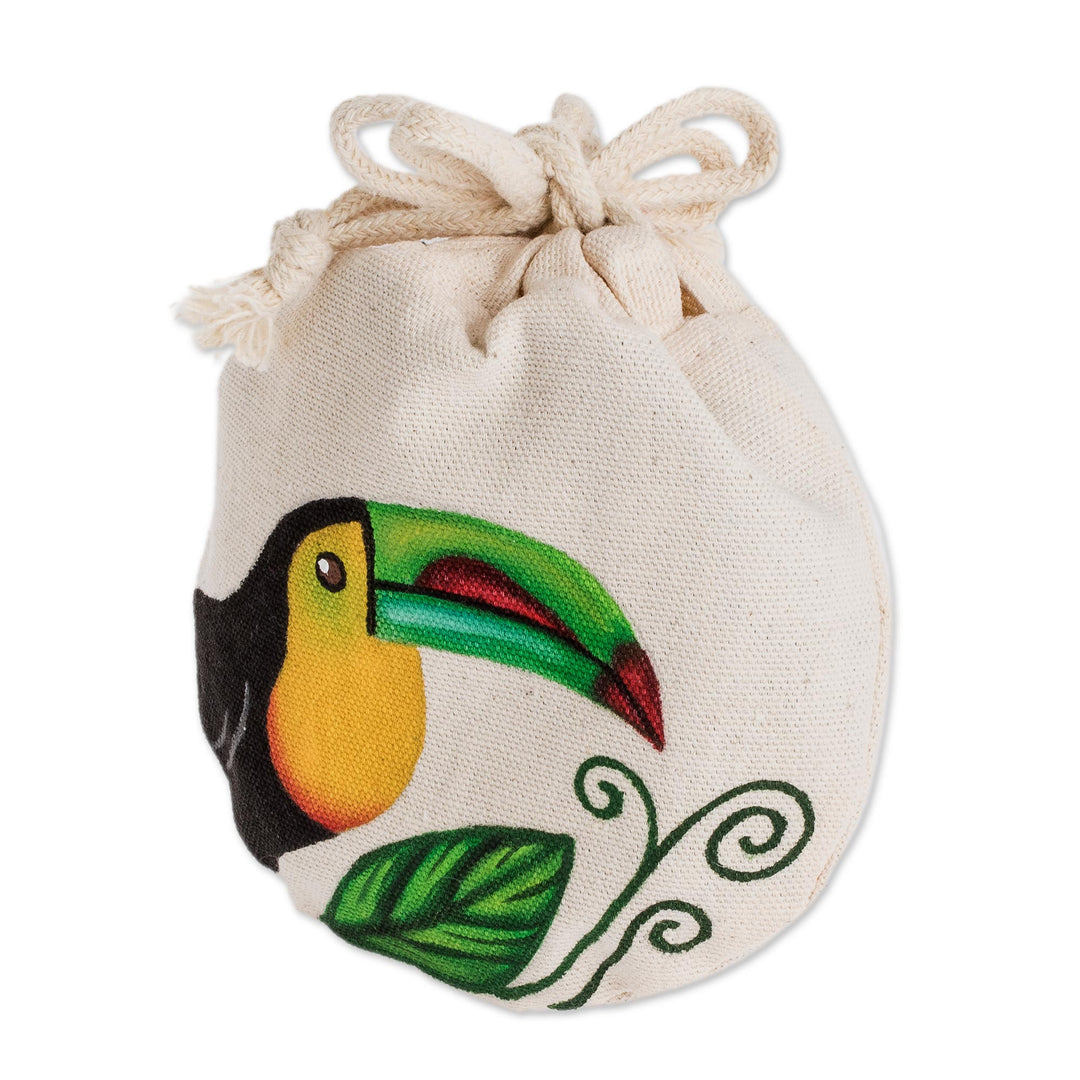 Costa Rican Hand Painted Toucan Cotton Drawstring Pouch - Keel-Billed Toucan