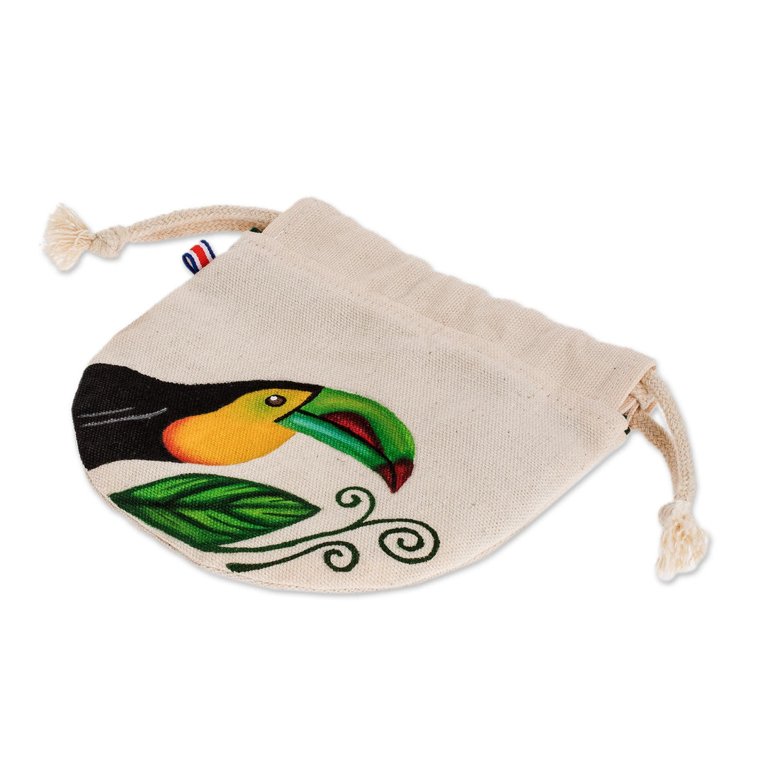 Costa Rican Hand Painted Toucan Cotton Drawstring Pouch - Keel-Billed Toucan