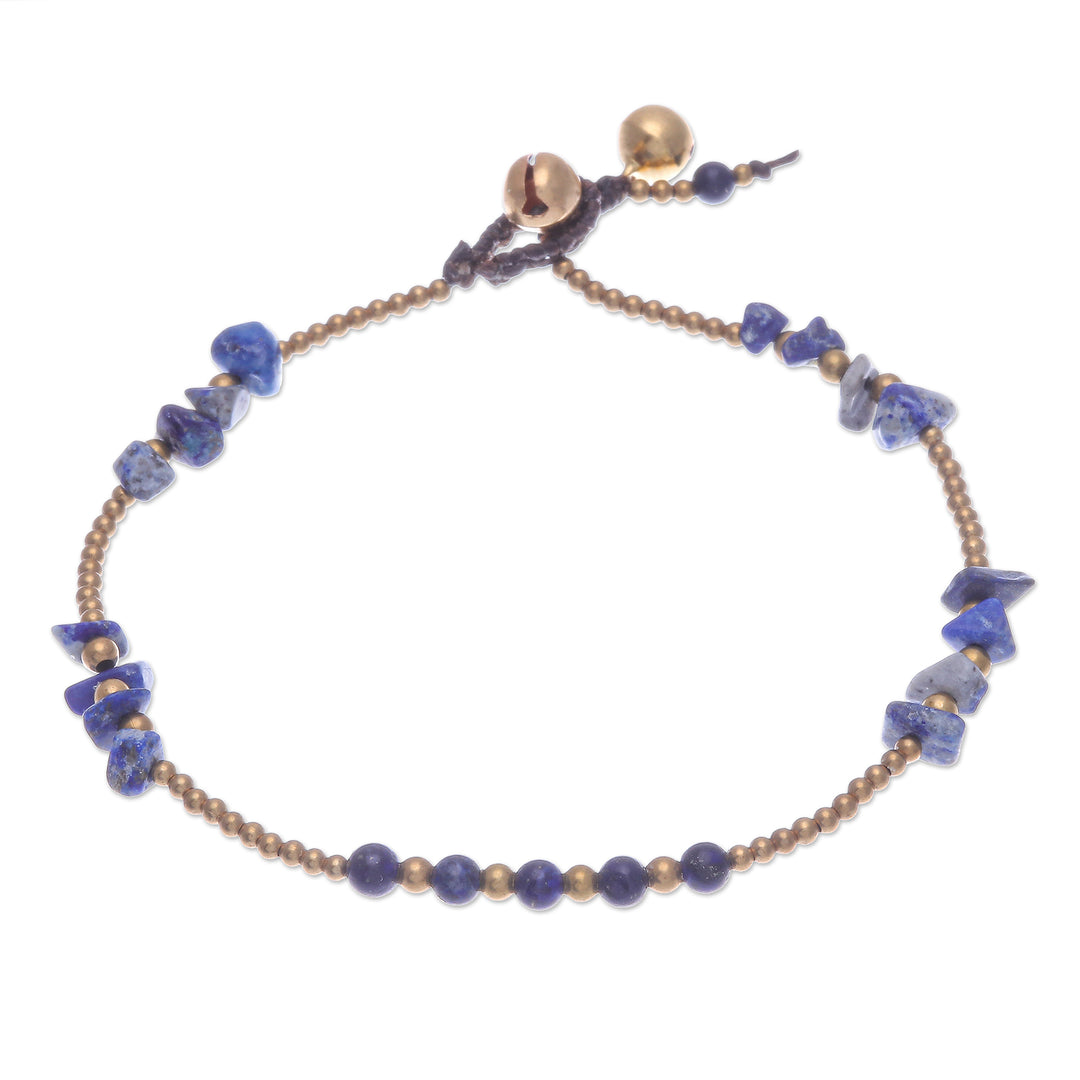 Lapis Lazuli and Brass Bell Beaded Anklet - Night Walk in Blue