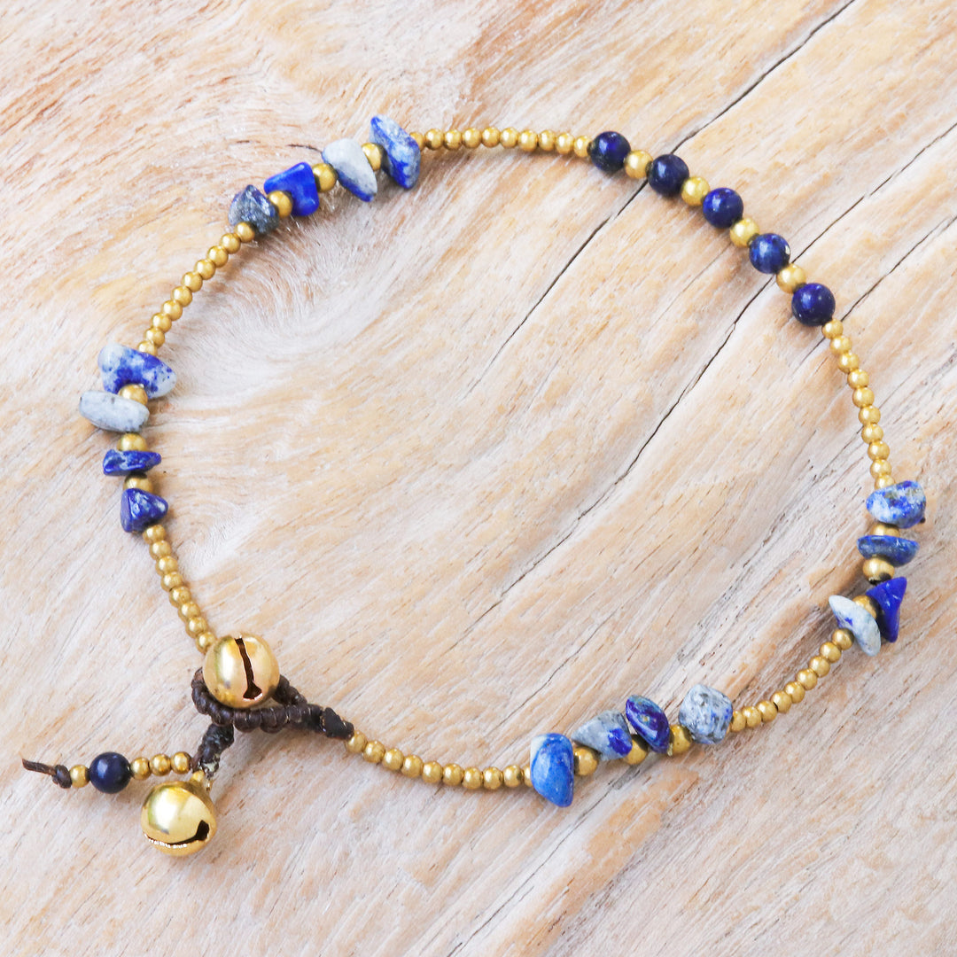 Lapis Lazuli and Brass Bell Beaded Anklet - Night Walk in Blue
