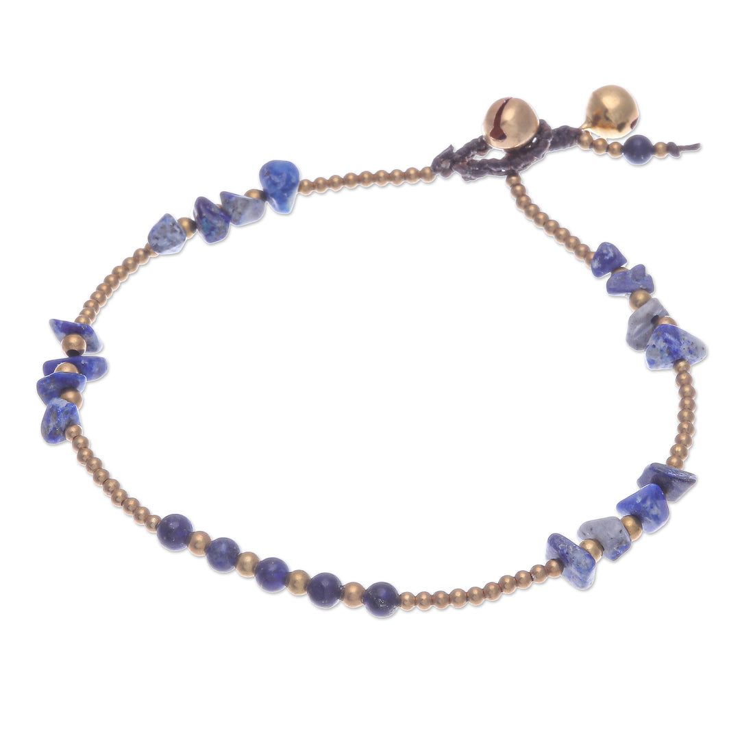 Lapis Lazuli and Brass Bell Beaded Anklet - Night Walk in Blue