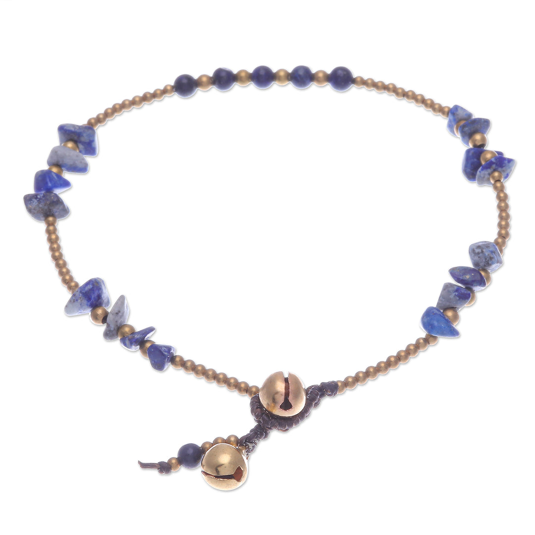 Lapis Lazuli and Brass Bell Beaded Anklet - Night Walk in Blue