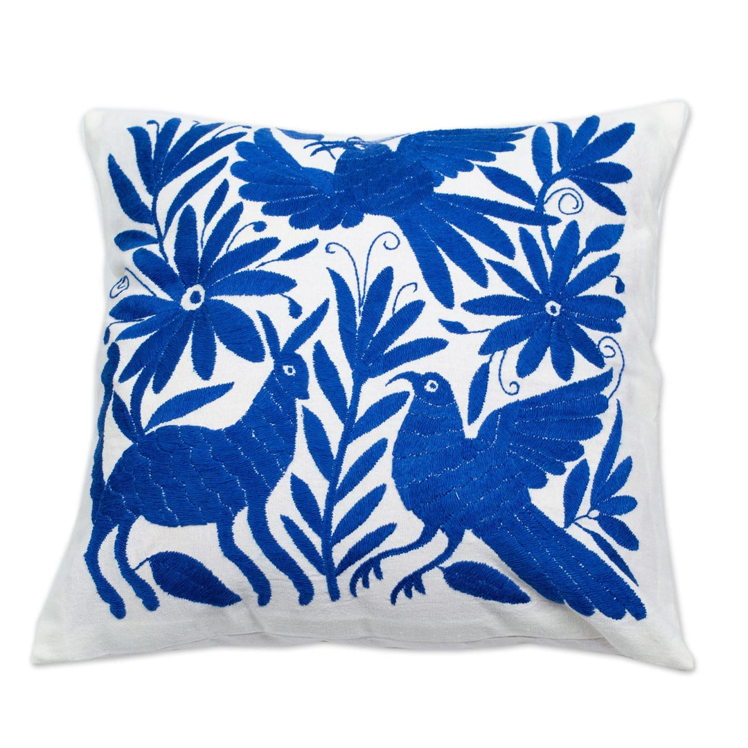 Blue Embroidered Mexican Manta Throw Pillow Cushion Cover - Tenango in Blue
