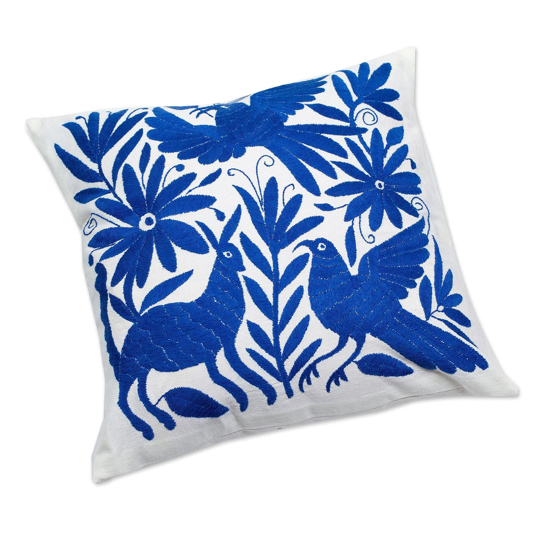 Blue Embroidered Mexican Manta Throw Pillow Cushion Cover - Tenango in Blue