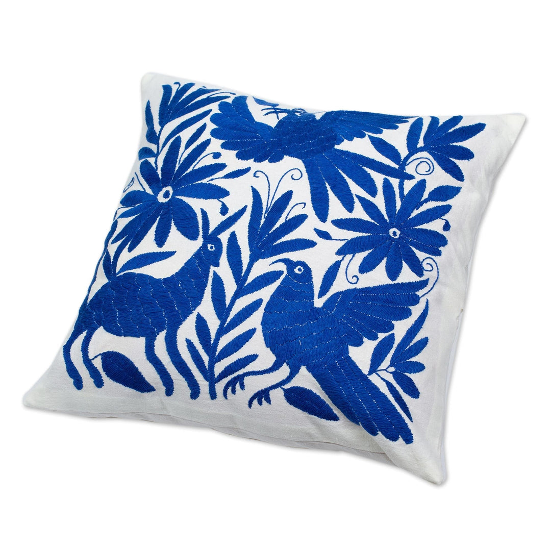 Blue Embroidered Mexican Manta Throw Pillow Cushion Cover - Tenango in Blue