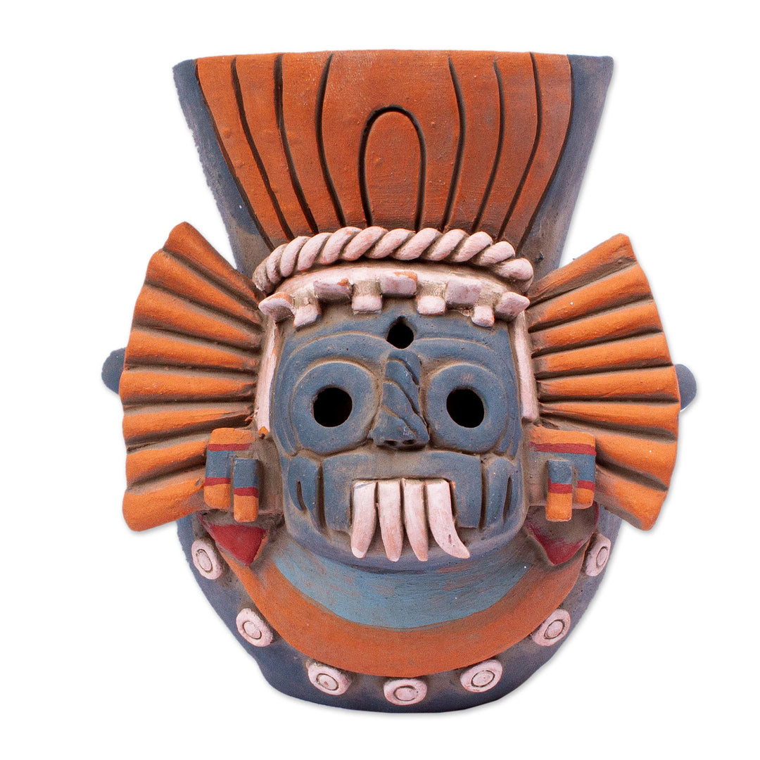 Signed Ceramic Aztec Tlaloc Replica Vessel - Blue Aztec Rain God