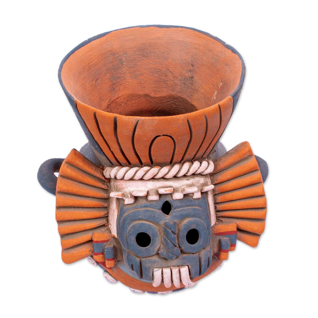 Signed Ceramic Aztec Tlaloc Replica Vessel - Blue Aztec Rain God