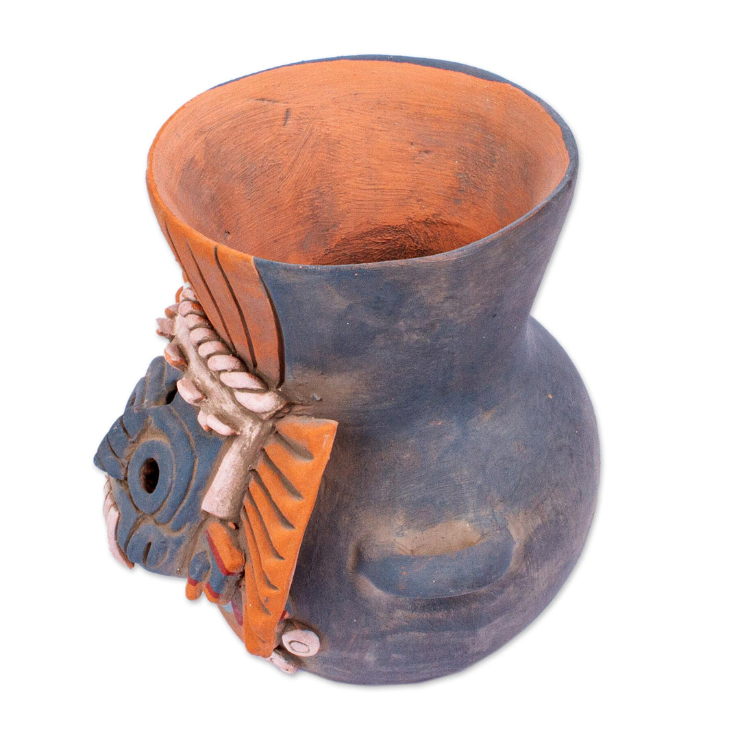 Signed Ceramic Aztec Tlaloc Replica Vessel - Blue Aztec Rain God
