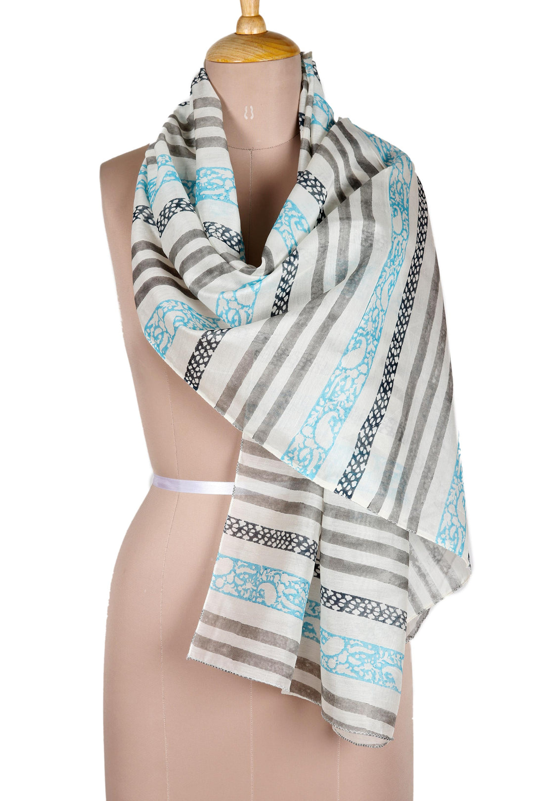 Striped Grey Cotton Chanderi Scarf from India - Paisley Breeze