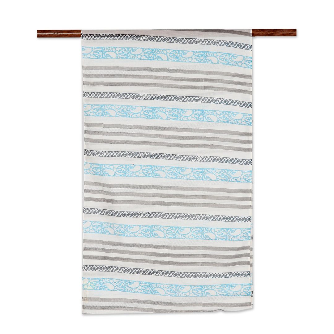 Striped Grey Cotton Chanderi Scarf from India - Paisley Breeze